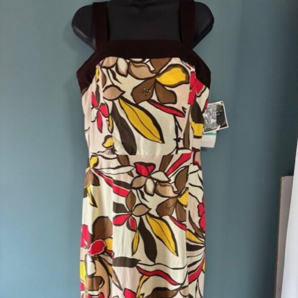 R&K Petite 16 Sleeveless Sheath Ivory Brown Floral Smocked Retro Bloom Casual - Picture 1 of 9